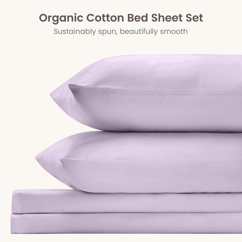 BIOWEAVES 100% Organic Cotton Sheets, 300 Thread Count 4-Piece GOTS Certified Bed Sheet Set Fits Mattress Upto 17" Deep Pocket, Soft & Silky Sateen Weave (King, Lavender)