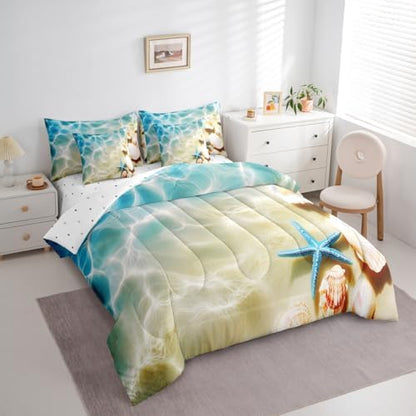Erosebridal Ocean 7 Piece Bedding Set King Beach Comforter Set with Sheets Coastal Nature Bed in A Bag Hawaiian Sea Wave Animals Shell Starfish Bed Sets with 2 Pillowcases, 2 Throw Pillow Covers