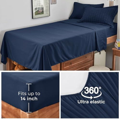 HYMOKEGE Navy Blue Twin XL Comforter Set Seersucker 5 Pieces, All Season Luxury Bed in a Bag for Bedroom, Bedding Set with Comforter, Sheets, Pillowcase & Sham