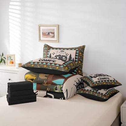 Erosebridal Camping 7 Piece Bedding Set Twin for Teens Adult Camper Bedding,Rustic Farmhouse Style Comforter Set Bed in a Bag Happy Camping Black Sketch Drawing Duvet Insert Travel Car Sheet Set