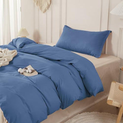 SAPHREAS 100% Washed Cotton Duvet Cover Twin Size Set, Linen Like Comforter Cover with Zipper Closure & Corner Ties (No Comforter), 68x90 Navy Blue
