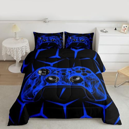 Feelyou Gamer Bedding Set Gamepad Comforter Set for Kids Boys Girls Teens Room Decor Gaming Gifts Comforter King Size Game Controller Blue Duvet Set 3Pcs
