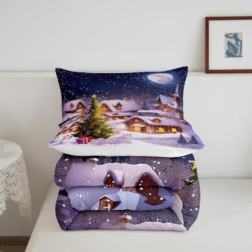 Castle Fairy Christmas Trees Comforter Set Queen Size Santa Claus and Snowman Bedding Set for Kids Boys Girls Bedroom Decoration Starry Sky Bed Duvet Insert Snow Scene Comforter with 2 Pillowcase