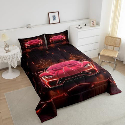 Feelyou Kids Boys Race Car Bedding Set Full Size,Red Black Racing Car Comforter Set,Boys Car Theme Bedroom Room Decor,Extreme Sports Car Comforter,Geometric Hexagon Cool Car Bed Set for All Season