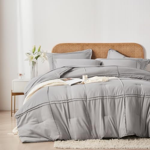 Yogeneg Queen Comforter Set 7 Piece Bed in a Bag,Grid Pinch Pleat Grey Bedding Set,Striped Textured Soft Microfiber Comforter with Sheet Set,All Season Complete Bed Set(Grey,Queen)