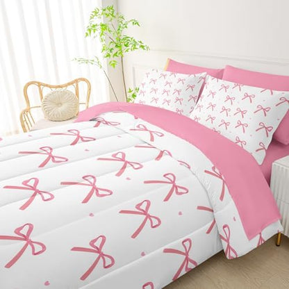 QOOMO Pink Bow 7 Pieces Comforter Set Twin Size,Bowknot Bedding Set