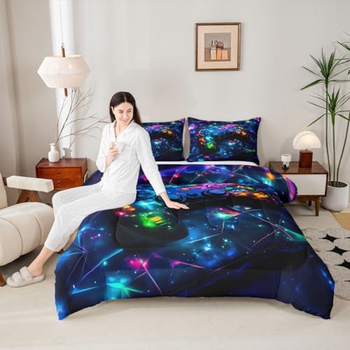 Feelyou Kids Gamer Comforter Set Queen Size, Galaxy Gaming Bedding Set Glitter Game Comforter Boys Girls Gamepad Teens Duvet Set Bedroom Decor Bed Set 3Pcs