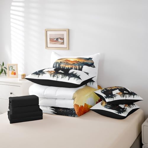 Feelyou Bear Comforter Set 7 Pieces Twin Size Rustic Cabin Country Bedding Set for Boys Girls Nature Wildlife Bed in a Bag with Comforter, Sheets, Pillowcases & Cushion Covers