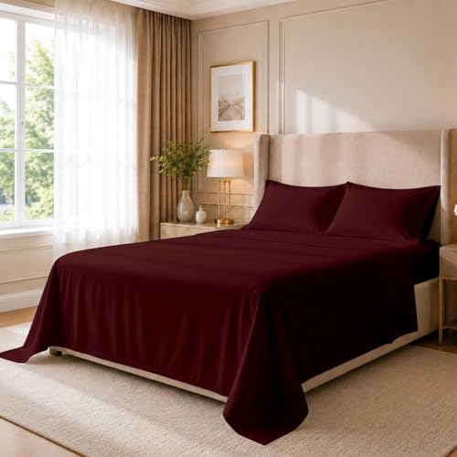 Cottingon 4 Piece Full Sheets Fits 16" Deep, Egyptian Cotton, Burgundy