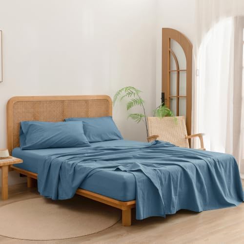BESTOUCH Sheet Set 100% Washed Cotton Linen Feel Super Soft Comfortable Chic Lightweight 4 Pcs Home Bedding Set Solid Dark Blue Queen