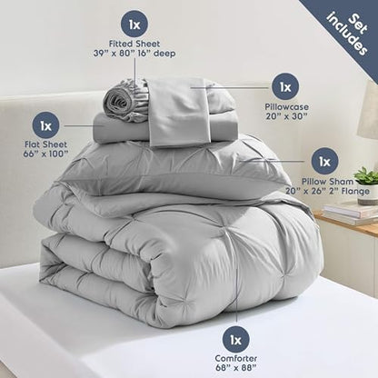 Nestl 7 Piece Twin XL Comforter Set – Light Grey Pinch Pleated Bed in a Bag – Complete Twin XL Size Bedding Set with Sheets, Set of 2 Cooling Pillows, Pillowcase and Sham