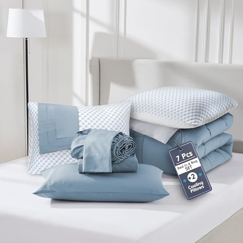 Nestl 9 Piece King Comforter Set – Stone Blue Reversible Bed in a Bag – Complete King Size Bedding Set with Sheets, Set of 2 Cooling Pillows, Pillowcases and Shams