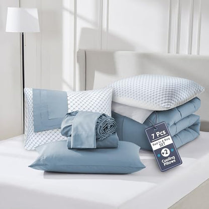 Nestl 9 Piece King Comforter Set – Stone Blue Reversible Bed in a Bag – Complete King Size Bedding Set with Sheets, Set of 2 Cooling Pillows, Pillowcases and Shams