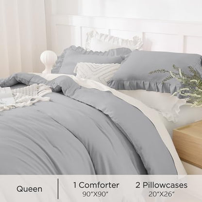 Andency Silver Gray Queen Comforter Set, 3 Pieces Shabby Chic Bedding