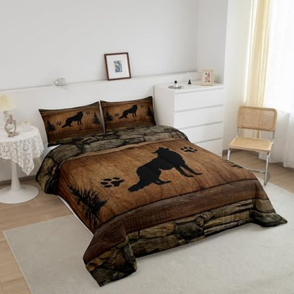Manfei Wolf Kids Comforter Set Twin Size, Wild Animal Down Comforter, Rustic Farmhosue Brown Wooden Plank Bedding Set for Boys Teens Adults Room Decor, Lightweight Duvet Insert, 1 Pillowcase