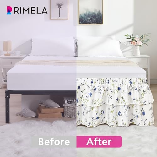 RIMELA Ruffle Bed Skirt Blue Berry Floral Queen 15 Inch Drop, Elastic Wrap Around Bed Skirting Queen Size, Easy to Install Dust Ruffle, Machine Washable Soft Fabric, Multi Ruffle Bedskirt