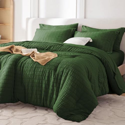 MUXHOMO 7 Pieces Oversized King Comforter Set, Seersucker Bed in a Bag Oversized King Size, All Season Luxury Bedding Set with Comforter, Flat Sheet, Fitted Sheet, Pillowcases & Shams, Dark Green