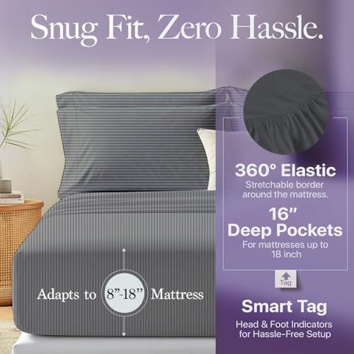 Carressa Linen 600 Series Striped Split King Sheets Sets for Adjustable Bed
