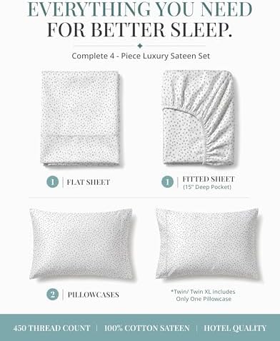 LANE LINEN King Size Bed Sheets Set - 450 Thread Count Sateen Weave for Smooth & Silky Feel On Skin - Breathable 100% Cotton Sheets for Single Beds - Fits Mattresses Upto 15'' Deep - Misty Dot