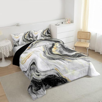 jejeloiu Gray Marble Comforter Set Full Size Modern Marble Aesthetic Bedding Set for Kids Boys Girls Retro Watercolor Duvet Quilt Abstract Texture Bedroom Decor Microfiber 3 Pcs with 2 Pillow Cases