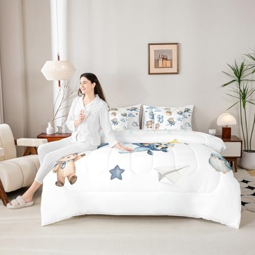 Erosebridal Cartoon Aircraft Queen Comforter Set with Sheets, Cute Bear Airplane Propeller Plane 7 Pcs Bedding Set for Kids Boys Girls Adults, Bird Animals Bed in A Bag, Balloon Star Cloud Bed Sets