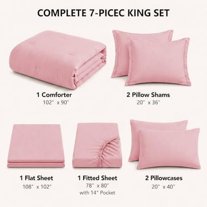 HIMEET King Comforter Set, 7-Piece Point-Quilted Bed in a Bag, Pink