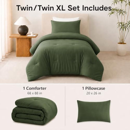 CozyLux Twin Comforter Set, 2 Pieces Down Alternative Bedding, Olive Green