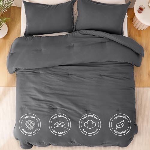 Love's cabin Dark Grey King Size Comforter Set, 3-Piece Prewashed Bed Set