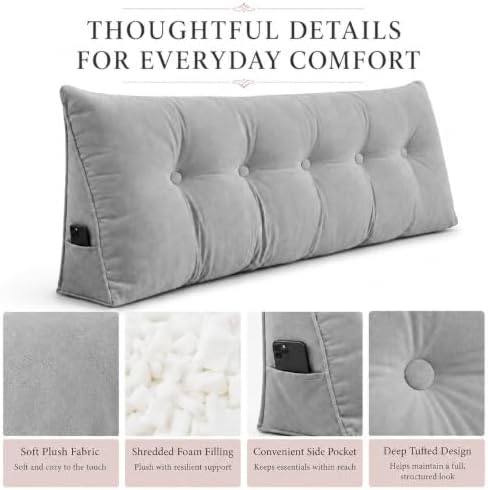 Queen Triangular Wedge Headboard Pillow, Soft Cotton Backrest Support Pillow for Reading Sitting Working, Daybed Pillows Bed Dorm Sofa Rest Cushion for Headboard, Grey