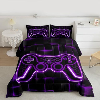 Feelyou Kids Gamer Comforter Set Queen Size Purple Black Bedding Set Boys