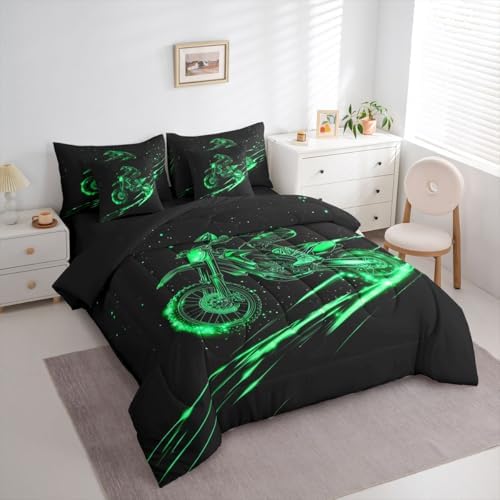 Feelyou Green Neon Dirt Bike Full Comforter Set with Sheets for Boys Girls Line Art Design 7 Pieces Bedding Set Motocross Bed in a Bag Speed Racing Room Decor Extreme Sports Pattern Soft Lightweight