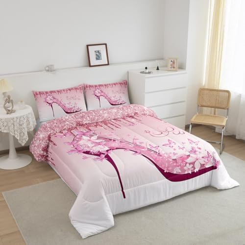 High Heels Feminine Comforter Set Queen Size,Butterfly Romantic Bedding Set 3pcs for Kids Girls Women Room Decor,Pink Gradient Glitter Quilt Set,Valentine's Day Duvet Insert,2 Pillowcases