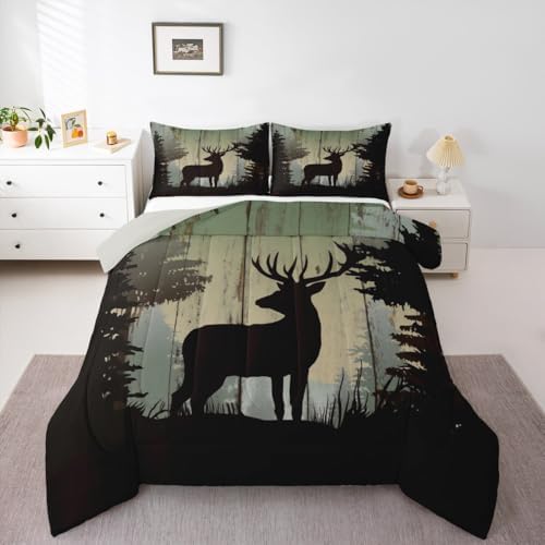 Castle Fairy Deer Hunting Comforter Set King Size,Rustic Farmhouse Wooden Bedding Set 3pcs for Kids Teens Adults Room Decor,Pine Botanical Animals Silhouette Quilted Duvet Retro Brown Bedspread