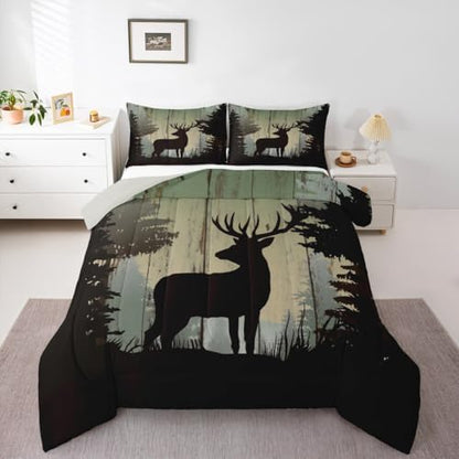Castle Fairy Deer Hunting Comforter Set King Size,Rustic Farmhouse Wooden Bedding Set 3pcs for Kids Teens Adults Room Decor,Pine Botanical Animals Silhouette Quilted Duvet Retro Brown Bedspread