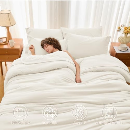 MUXHOMO 7 Pieces Oversized King Comforter Set, Soft Bed in a Bag Oversized King Size, All Season Bedding Set with Comforter, Flat Sheet, Fitted Sheet, Pillowcases & Shams, Ivory