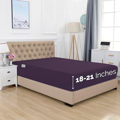 Elegant Comfort 1500 Premium Hotel Quality 18-21 Inches Deep - Extra Deep Pocket Single Fitted Sheet for High Mattress, Luxury and Softest, Smart Pocket - Wrinkle Free, Queen, Purple