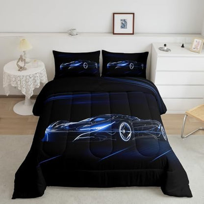 Feelyou Blue Race Car Bedding Set Toddle Size for Kids Boys Extreme Sport Games Duvet Cover Teens Toddler Fast and Furious Comforter Cover Set Cool Modern Bedspread Cover 2Pcs