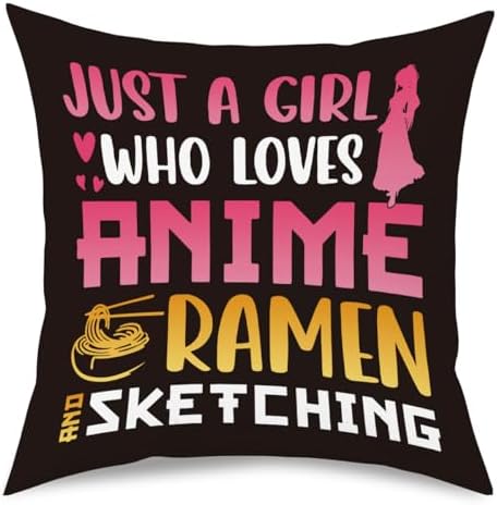 Anime Decor, Just a Girl Who Loves Anime Ramen Anime Room Decorative Throw Pillow Covers, Girls Anime Gifts Anime Lovers for Home Living Room Girl Women Bedroom Decoration Gifts Black