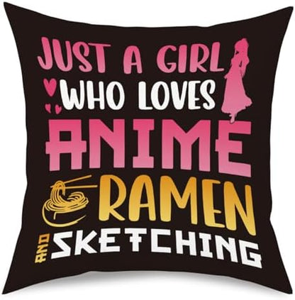 Anime Decor, Just a Girl Who Loves Anime Ramen Anime Room Decorative Throw Pillow Covers, Girls Anime Gifts Anime Lovers for Home Living Room Girl Women Bedroom Decoration Gifts Black