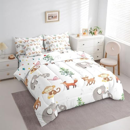 Erosebridal Wild Animal Queen Comforter Set 7 Piece Cute Elephant Deer Monkey Wildlife Comforter Set Woodland Animals Bedding Sets for Kids Girls Kawaii Zoo Animals Sheet Set with Comforter