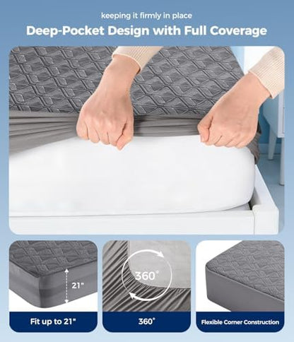 Waterproof Mattress Protector Twin XL, Soft Breathable Mattress Pad with Deep Pocket 8"-21", Noiseless 3D Air Fabric Cooling Mattress Cover for Bed, Machine Washable, Grey