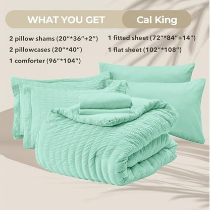 HYMOKEGE Mint Green California King Comforter Set Seersucker 7 Pieces, All Season Luxury Bed in a Bag for Bedroom, Bedding Set with Comforter, Sheets, Pillowcases & Shams