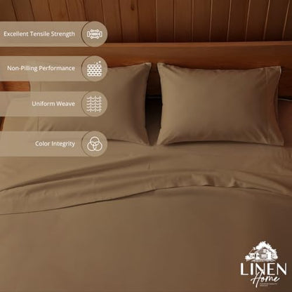 Linen Home 100% Cotton Percale Sheets California King Size, Earthy Brown, Deep Pocket, 6 Pieces Set- 1 Flat, 1 Fitted and 4 Pillowcases, Crisp Cool and Long Staple Strong Bed Linen