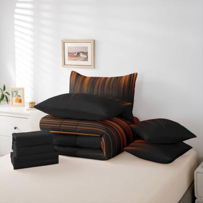 Feelyou Neon Orange Full Comforter Set with Sheets for Kids Boys Girls Geometric 7 Pieces Bedding Set Ombre Bed in a Bag Room Decor Soft Lightweight Microfiber