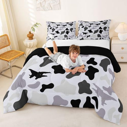 Manfei Grey Camouflage Comforter Set Queen Size,Military Aircraft Camo Bedding Set 3pcs,Airplane Themed Camo Down Comforter for All Season,Kids Boys Girls Room Decor,2 Pillowcases,No Sheets