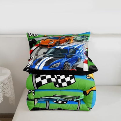 Feelyou Boys Race Car Kids Comforter Set Queen Size Sports Racing Car Bedding Set Extreme Sports Duvet Quilt for Kids Boys Girls Bedroom Automobile Decor Microfiber Ultra Soft Breathable