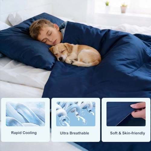 Bcareself Double-Sided Cooling Comforter for Hot Sleepers, All-Season Breathable Lightweight Cooling Blanket, Night Sweats Relief, Cool to the Touch Silky Soft Fabric Bedding Gift, Dark Blue Twin Size