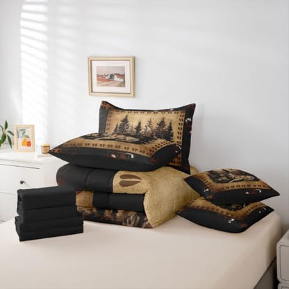 Erosebridal Farmhouse Deer Bed in A Bag 7 Pcs Country Forest Animal Comforter Set for Women Men Hunting Wildlife Deer Paw Bedding Sets King Rustic Woodland Cabin Sheet Set with Comforter