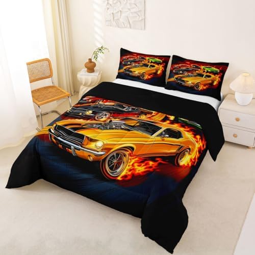 Feelyou Boys Race Car Kids Comforter Set Full Size Speed Sports Car Bedding Set Extreme Sports Duvet Quilt for Kids Boys Girls Bedroom Automobile Decor Microfiber Ultra Soft Breathable