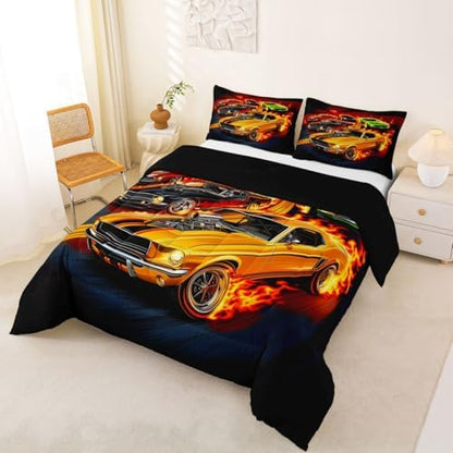 Feelyou Boys Race Car Kids Comforter Set Full Size Speed Sports Car Bedding Set Extreme Sports Duvet Quilt for Kids Boys Girls Bedroom Automobile Decor Microfiber Ultra Soft Breathable